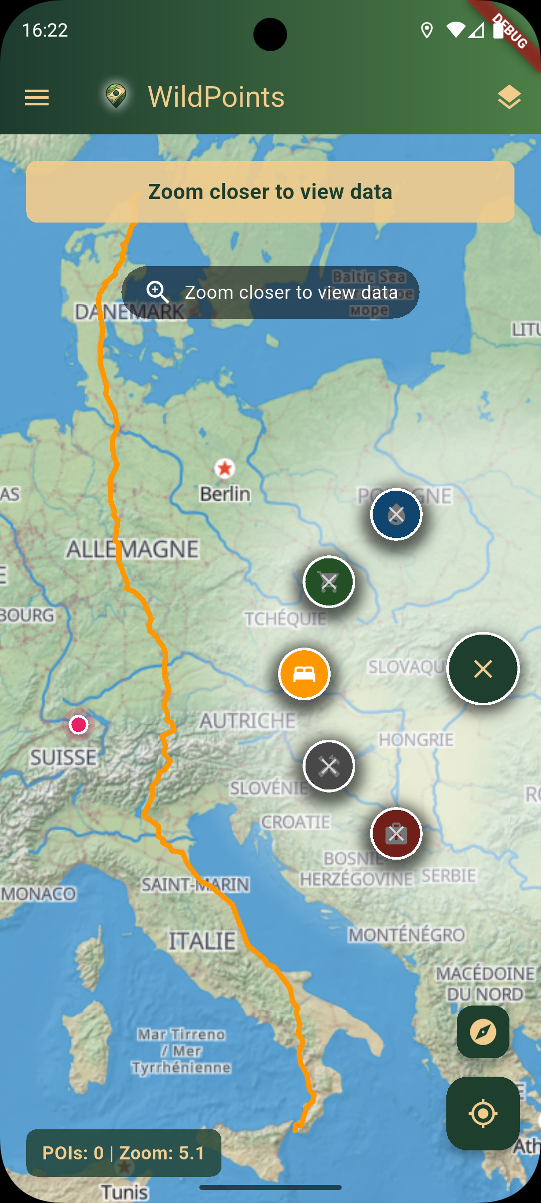 WildPoints offline outdoor map interface showing route and markers