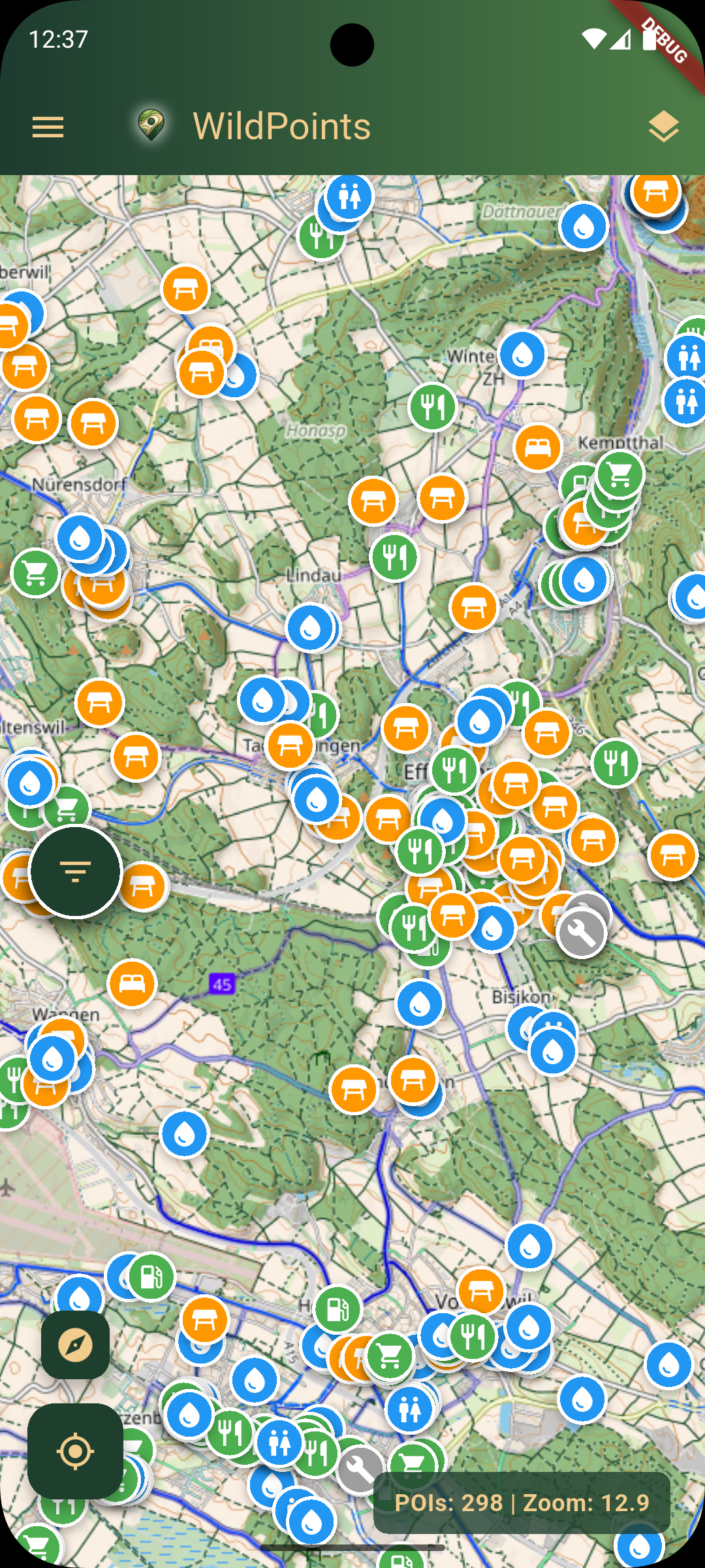 WildPoints offline map displaying unclustered outdoor POI markers