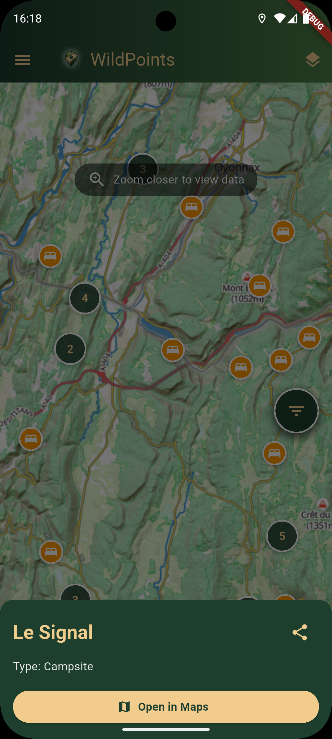 WildPoints detailed POI view showing information and sharing options