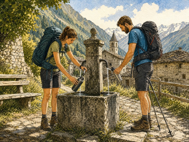 Cyclist refilling a bottle at a roadside drinking fountain — finding water on a bikepacking tour with WildPoints