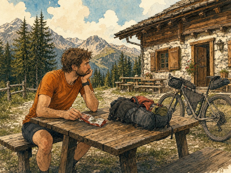 Bikepacker eating at a roadside restaurant after finding it via the WildPoints food POI filter