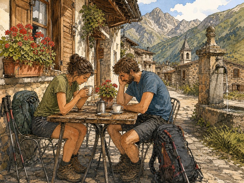 Cyclist sitting outside a small village café with an espresso — WildPoints café POI