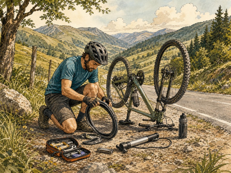 Cyclist patching a punctured tube on a country road — finding a bike repair station with WildPoints