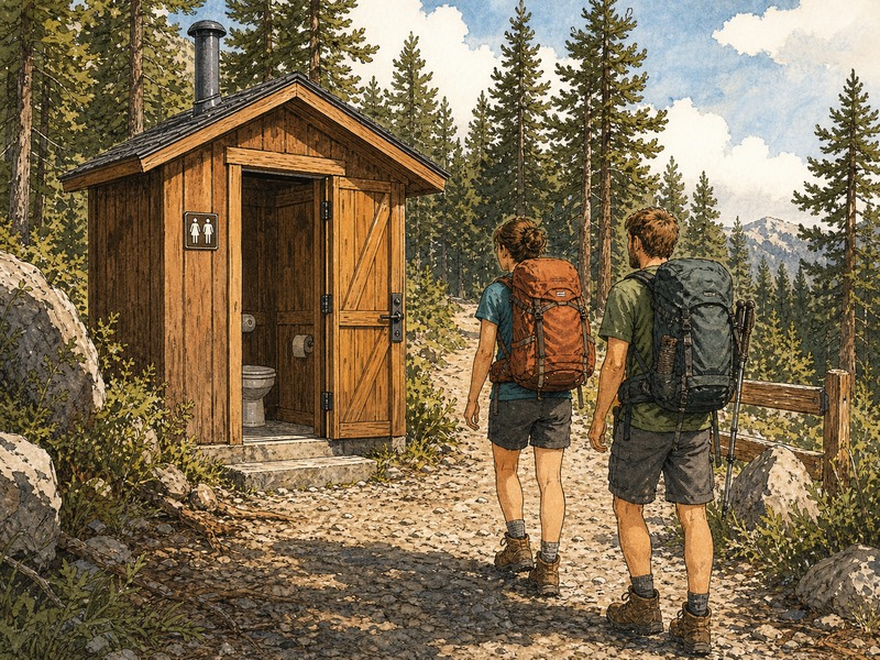 Wooden public toilet building at a trailhead — finding toilets with WildPoints