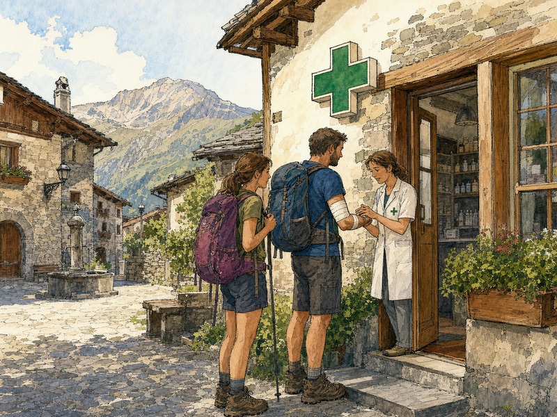 Village pharmacy with a green cross sign — finding pharmacy, doctor, or hospital with WildPoints