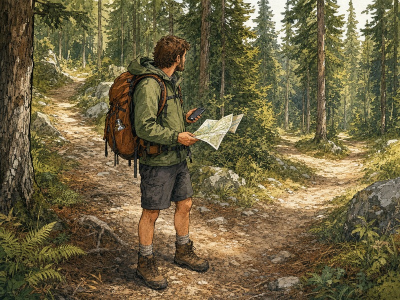 Hiker reading a paper map at a forest trail junction — offline GPX navigation with WildPoints