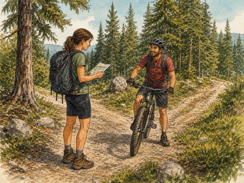 Two cyclists meeting at a forest junction comparing phones — sharing a deep link with WildPoints